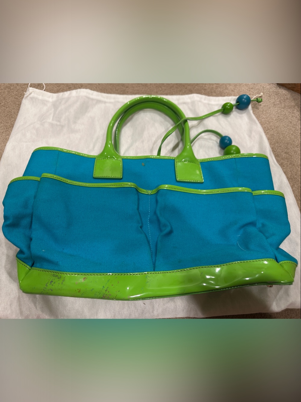 Kate Spade Blue and Lime Patent Trim Tote Bag - Picture 4 of 4